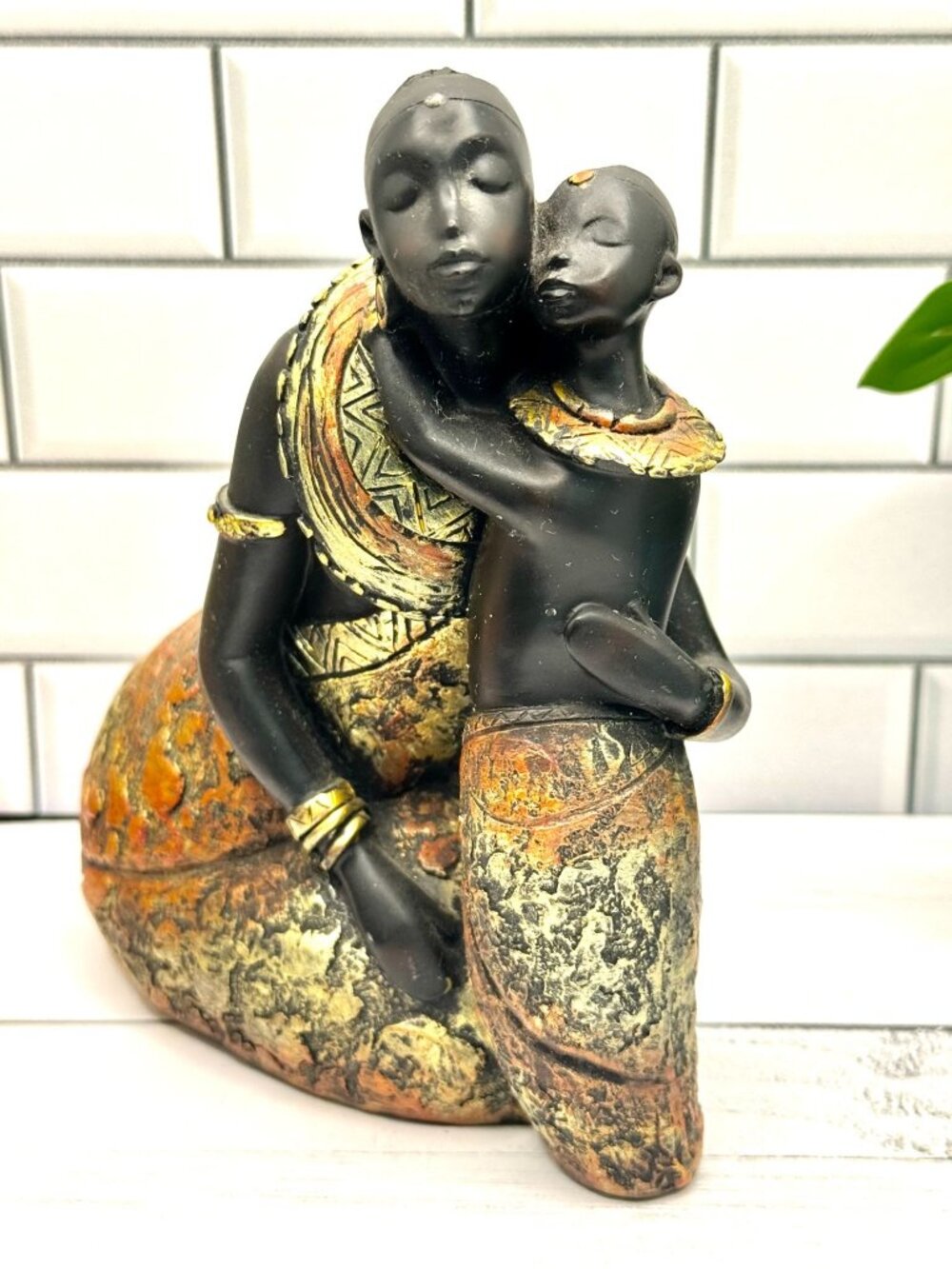 Mother & Child African-Inspired Figurine Sculpture With Gold & Bronze Accents